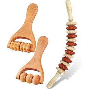 Suuwwn Massageapparaat van hout, 3 stuks rugken massageapparaat, massageapparaat met handvat om te massagerroller, triggerpuntroller, lichaams-gezichtsroller, Gua Sha Scraping massagetool voor nek, benen, rugken, lichaam
