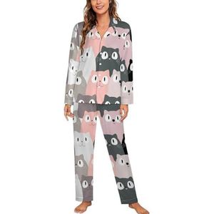 Leuke Roze Kat Lange Mouw Pyjama Sets Voor Vrouwen Klassieke Nachtkleding Nachtkleding Zachte Pjs Lounge Sets
