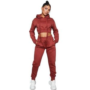 Femme Luxe Crop Hoodie Lange Mouwen Hoge Taille Joggers Shirred Detail Fleece Loungewear Set - Costella, Roest, 34