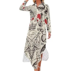 Egypte thema occultisme in retro stijl lange mouw maxi shirt jurken voor vrouwen casual V-hals knoop blouses M