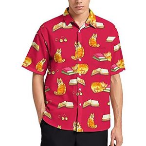Katten en boeken Hawaïaans shirt voor heren, zomer, strand, casual, korte mouwen, button-down shirts met zak