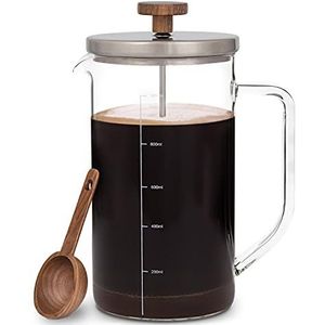 GLASWERK design French press - Koffiezetapparaat met maatlepel van walnotenhout en rvs deksel, Koffiepers zonder plastic, 1L