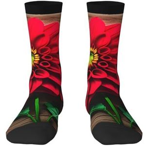 Houten plank retro bloem rode dahlia comfortabele mid-kalf sokken voor mannen en vrouwen - modieuze volwassen sokken, verhoog je stijl., Houten plank Retro Bloem Rood Dahlia, Eén Maat