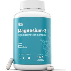 Magnesiumcomplex bisglycinaat, citraat en malaat | hoge dosis | laboratoriumgetest | 400 mg elementair magnesium | voor energie, goede slaap en spierregeneratie | 190 capsules