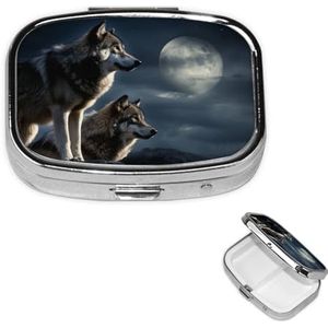 Pillendoosje met spiegel, retro pillendoosje met 2 compartimenten, wolven in de maanlicht, kleine pillenorganizer voor portemonnee of zak, decoratieve metalen medicijnen, vitamine-organizer, unieke