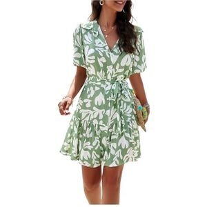 Damesjurk met knoopsluiting en casual zomerjurk, A-lijn, elegante jurken, vloeiende jurk, Groen, S