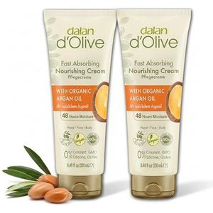 Dalan d'Olive Crème met arganolie, 2-delige set, natuurlijke verzorging met olijfolie, veganistisch en vochtverzorging voor hand, gezicht en lichaam, 0% kleurstoffen, siliconen, GMO, 250 ml