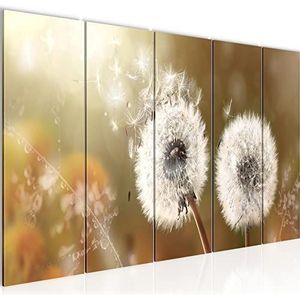 023655a, wandafbeelding, wandafbeelding op canvas, XXL-formaat, thema bloemen, paardenbloem, woonkamer, woning, decoratie, kunstdruk, kleur bruin, 5-delig