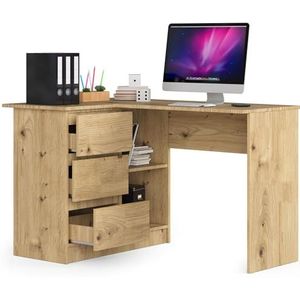 Hoekbureau eiken artisan links, 3 laden rechts en 2 legplanken, veel ruimte om uit te klappen. Perfect voor tienerkamers, kantoren en studio's.