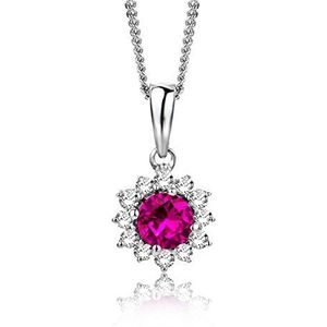 MIORE Dameshalsketting | bloemendesign | echt 9 karaat (375) witgoud | laboratorium robijn saffier en 12 echte diamanten (0,06 kt) | gouden ketting | lengte 45 cm | juwelierssieraad, Goud, Robijn