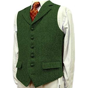Heren visgraatkostuum tweed gilet Slim fit vintage retro wol vest Casual(Large, Groen)
