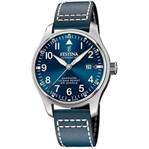 Festina Heren analoog automatisch horloge met leren armband F20151/3, zilver-blauw