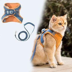 Lichtgevend kattenvest harnas en riem set, zacht en comfortabel kat outdoor ontsnappingsbestendig vest, verstelbaar kittensvest met reflecterende strip (oranje+blauw, S (under4LB))
