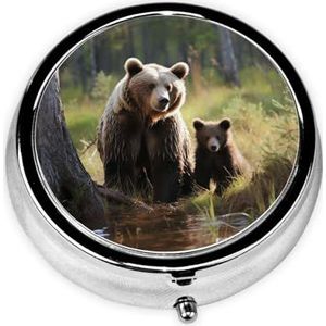 Pillendoos 3 compartimenten ronde pillenorganisator moeder bruine beren beschermen welpen pillenetui voor portemonnee draagbare reizen pillendoos metalen kleine pillencontainer voor dagelijks