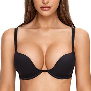 DOBREVA Dames Beugel Diepe U Push Up Plunge BH Sexy Gewatteerd Tshirt zwart 70AA