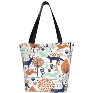 Schoudertas, canvas draagtas grote tas vrouwen casual handtas herbruikbare boodschappentassen, marine en oranje bosdieren, zoals afgebeeld, Eén maat
