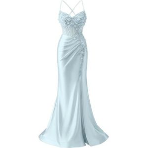 Satijnen Galajurken voor Vrouwen Zeemeermin Formele Avondbaljurken met spleet Ceremonie Jurken Plus Size, Lichtblauw, 32
