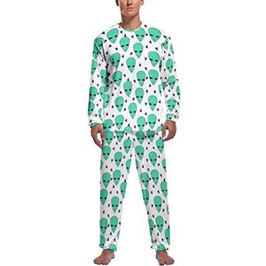 Groene Alien Head Zachte Heren Pyjama Set Comfortabele Lange Mouw Loungewear Top En Broek Geschenken L