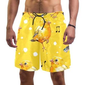 PAFEFO Singing Yellow Birds Print boardshorts voor heren, sneldrogend, strandzwemmen, sportpakken met zakken, Print zingende gele vogels, L