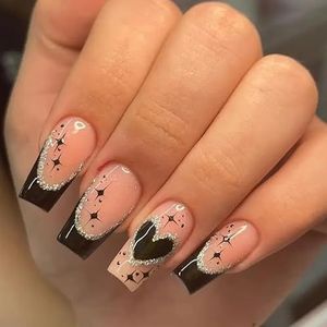 Vierkante Press-on nagels, 24 stuks, zwarte Franse punten met hart en ster design, zilveren glitter accenten