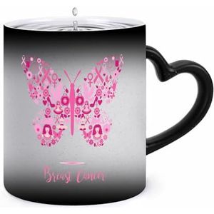 Borstkanker bewustzijn met vlinder koffiemok 11oz kleur veranderende mokken hartvormige handvat warmtegevoelige verkleuring Cups