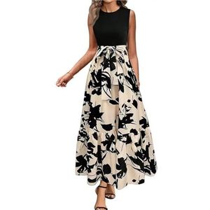 Lange bloemenjurken for dames, ronde hals, korte mouwen, A-lijn jurk met riem, zwierige maxi-jurk(Beige,XXL)