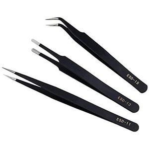3 stuks precisie ESD pincet set, roestvrij staal anti-statische pincet met gebogen, gericht voor wimperverlenging, ambacht, sieraden maken, elektronica, ontharing