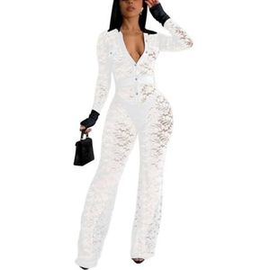 QUYBSGWJ Dames Patchwork Lange Mouwen Kanten Jumpsuit Met Knopen, Bodycon, Sexy Doorschijnende Cluboutfits,Wit,L