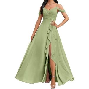 HPPEE Koude Schouder Bruidsmeisjes Jurken met Split Ruches A-lijn Chiffon Formele Avondfeestjurk, Stoffige Salie, 32