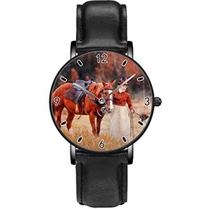 Vrouw Paard Hond Op Weide Persoonlijkheid Zakelijke Casual Horloges Mannen Vrouwen Quartz Analoge Horloges, Zwart