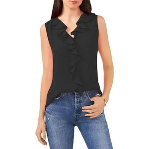 Tdvcpmkk Dames V-hals ruches vest mouwloos los en veelzijdig vest, Zwart, M