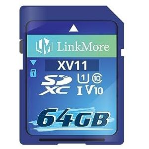 LinkMore XV11 SDXC 64 GB kaart, compatibel met camera, pc, A1, UHS-I, U1, V10, klasse 10, leessnelheid tot 98 MB/s, schrijfsnelheid tot 30 MB/s.