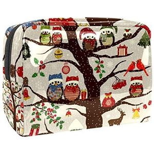 Make-up tas PVC toilettas met ritssluiting waterdichte cosmetische tas met winter kerstmuts uil vogel op boom voor vrouwen en meisjes