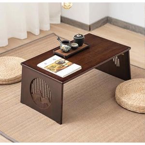 Japanse thee-salontafel, tatami theetafel, massief houten opvouwbare vloertafel, balkon/erker kleine tafel, tafelpoot gegraveerd ontwerp, sterk draagvermogen