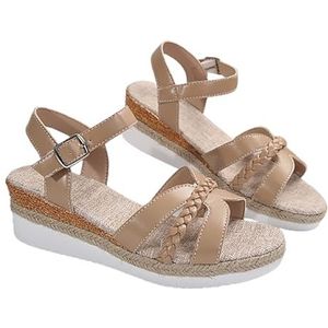 Dames Retro Sandalen Met Espadrille Sleehak 2024 Nieuwe Platform Sandalen Zomer Elegante Peep Toe Avondschoenen PU-leer Romeinse Sandalen Vrijetijdsstrandschoenen (Color : Khaki, Size : 37 EU)