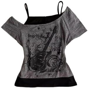 Vrouwen Vintage Emo Grunge T-shirts Y2K Nep 2 Stuk Gitaar Grafische Baby Tee Gothic Korte Mouw Off Shoulder Crop Top Alt Esthetische Streetwear Punk Harajuku, Grijs, S