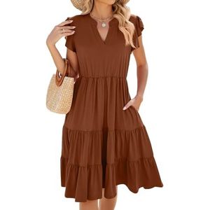Zomerse, zwierige maxi-jurk for dames, casual strandjurk met kapmouwtjes en V-hals(Caramel,XXL)