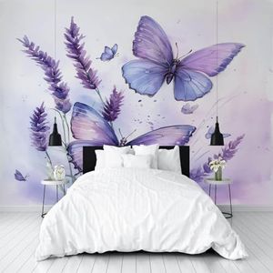Dppyuxa Aquarel Vlinder Muurschildering Fotobehang Lavendel Bloemen Muurschilderingen voor Woonkamer Slaapkamers 200x140 cm Muurschildering Behang Achtergrond Muur Interieur Decor 3D-Effect