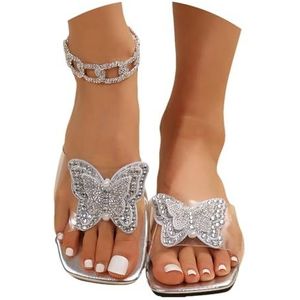 Dames Glitter Sandalen Met Strass Vlinder 2025 Nieuwe Vierkante Teen Slippers PU Lederen Open Teen Slingback Slippers Lichtgewicht Platte Zomerschoenen for Zwembad/Strand, 36-43(Silver,43 EU)