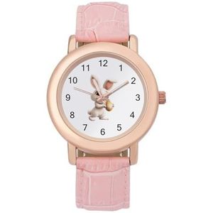 Leuke Witte Konijn Vrouwen Elegante Horloge Lederen Band Horloge Analoge Quartz Horloges