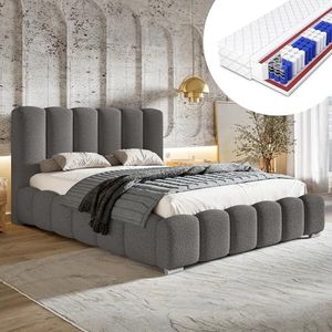 MOTIVENA Grand bubble gestoffeerd bed 160x200 met opbergruimte, Bubble bed 160x200 met bedkast, Boucle hoofdbord, met H3 Matras, Boucle bed met Lattenbodem, Tweepersoonsbed 160x200 grijs antraciet