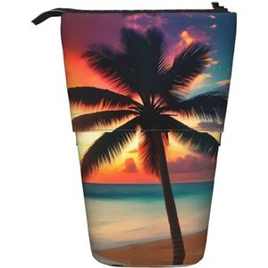 Nbtghga Tropische Strand Palmboom Zonsondergang Print Potlood Telescopische Klassieke Kunsten Stand Up Potlood Case Organizer Potlood Houder Make-up, Zwart, Eén maat