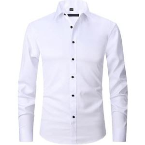 OHXSM Herenhemd met lange mouwen, effen, casual, business, klassieke kraag, formeel hemd voor heren, lange mouwen, stretch, eenkleurig, business, casual, button-down-overhemd, revershemd, slim fit, button-down-hemd, A-wit, XXL
