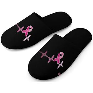 Roze lint Borstkanker Hartslag Katoenen Slippers Voor Vrouwen Indoor Thuis Slippers Wasbare Slippers voor Vrouwen 38-39_(7-8)
