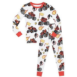 Blaze en de Monsterwielen Jongens Pyjama | Kinder Pyjama's van 100% katoen | Strakzittende Pyjamaset voor Jongens | Nachtkleding met Lange Mouwen en Monster Truck Motief Aansluitende Pasvorm Wit 98
