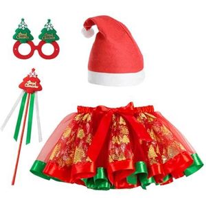 Kerstkostuumset voor meisjes | Leuk 4-delig kerstmankostuum voor meisjes | Kostuum met toverstaf Kerstrok Kerstmuts Bril voor verjaardagsfeestje Schooldrama Bittu
