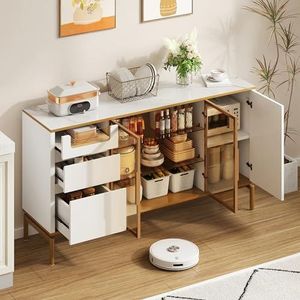Elegant dressoir, 150 x 40 x 80 cm, wit, werkblad van marmer, gouden sierlijst, moderne opbergkast met glas- en houten vakken
