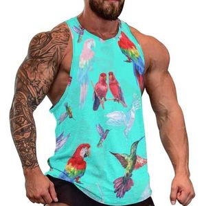 Tropische vogels papegaaien, ara print heren tanktop grafische mouwloze bodybuilding T-shirts casual strand T-shirt grappige sportschool spier