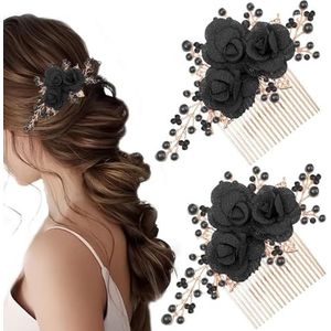 Xiaohui887 2 stuks zwarte bloemenhaarkam voor bruiloft zijkam bloem roze zwart strass parel hoofdstuk vintage decoratie meisjes dames haaraccessoires