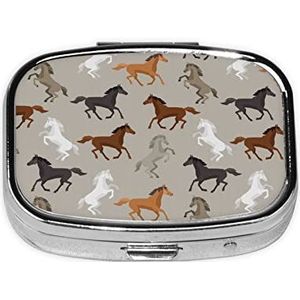 Mini vierkante pillendoos, medicijnorganizer, schattig paard, draagbare EHBO-doos, reispillendoos met 2 vakken, kleine pillendoos voor zak of portemonnee